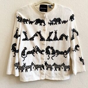 VTG Michael Simon Women's Cream Sequins Animal Print Cardigan Sweater Size M